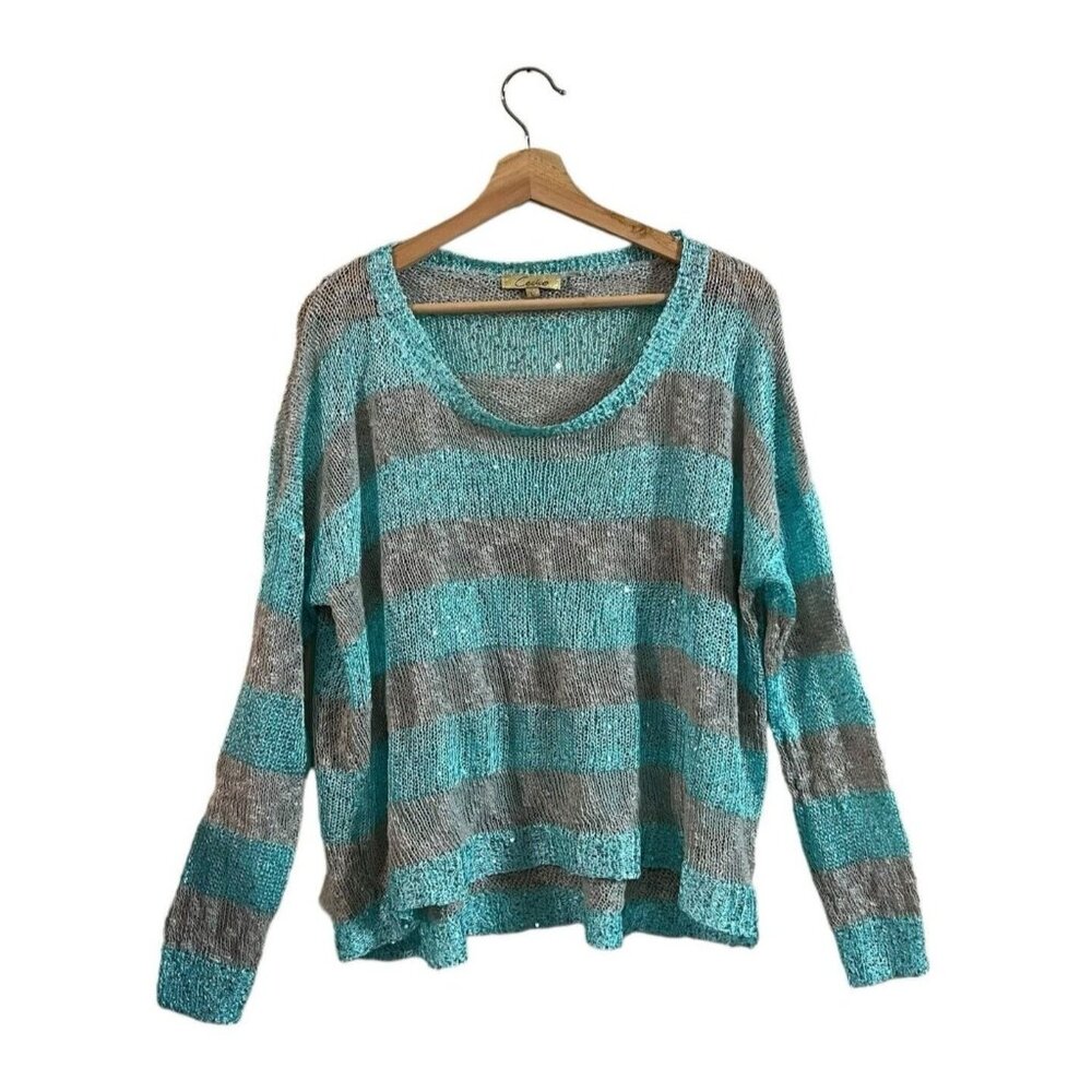 Cecico Open Knit Sweater Size Large Gray Blue Sequin Sparkle Sheer